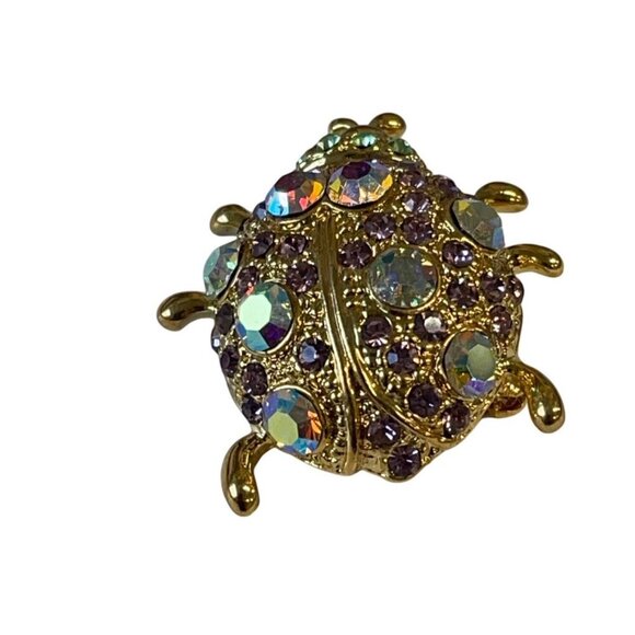 Vintage Gold-Tone Ladybug Brooch With Purple Iridescent Rhinestones - Picture 2 of 4